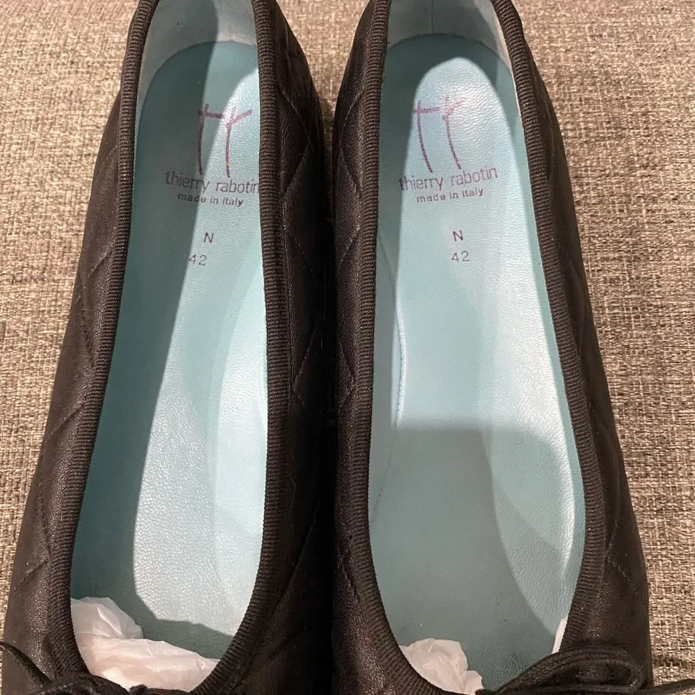 Thierry Rabotin Black Leather Quilted Ballets Flats Women Size EU 42